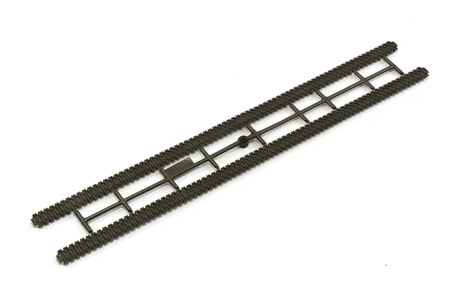 Plastic model tank tracks still attached to the sprue tree on a white background.