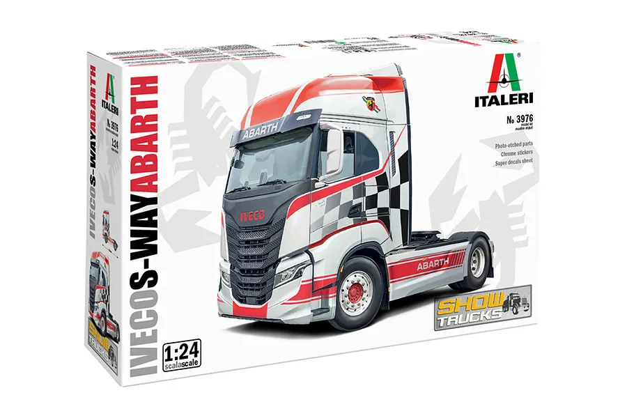 Packaging for Italeri 1/24 scale Iveco S-Way Abarth Show Truck model kit, showing artwork of the completed truck.