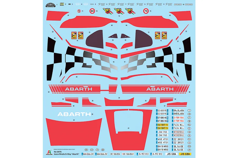 Italeri model kit decal sheet for the 1/24 Iveco S-Way Abarth show truck featuring red, black, and checkerboard graphics.