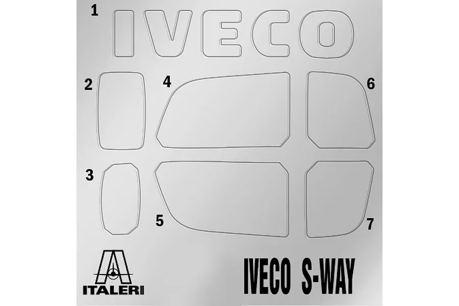 Close-up diagram showing photo-etched parts for the Italeri Iveco S-Way model kit, including IVECO lettering and mirror components.