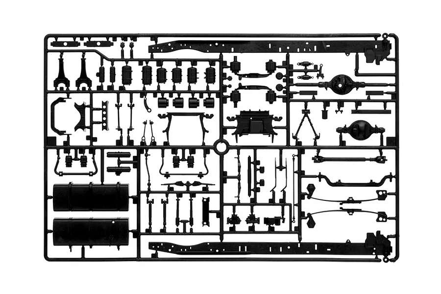 Black plastic model kit parts sprue showing truck chassis components and accessories on a plain white background.