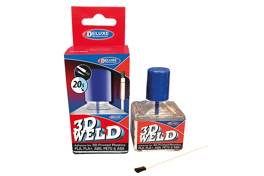 Deluxe Materials 3D Weld 40ml adhesive box and bottle with a blue cap and small application brush.