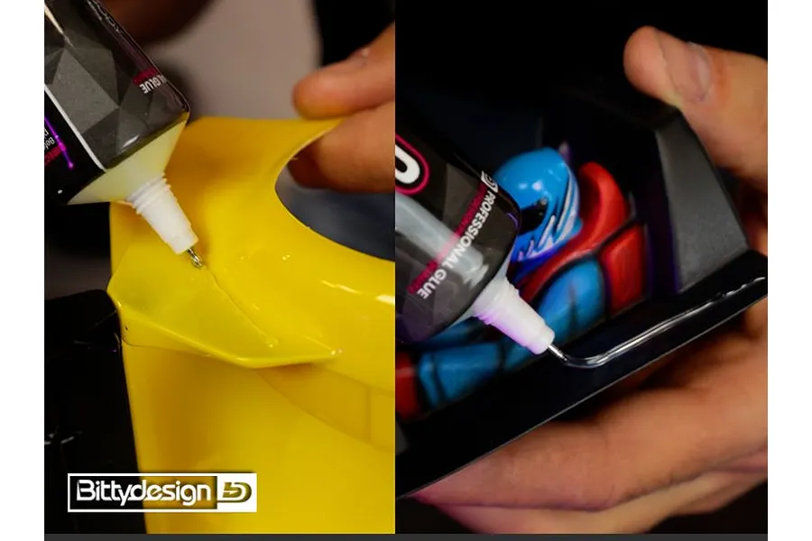 Two-panel lifestyle image showing Bittydesign adhesive being applied to a yellow RC body and a black interior detail.