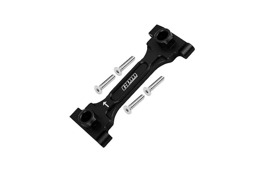 GPM black anodised aluminium rear chassis brace with four mounting screws on a white background.