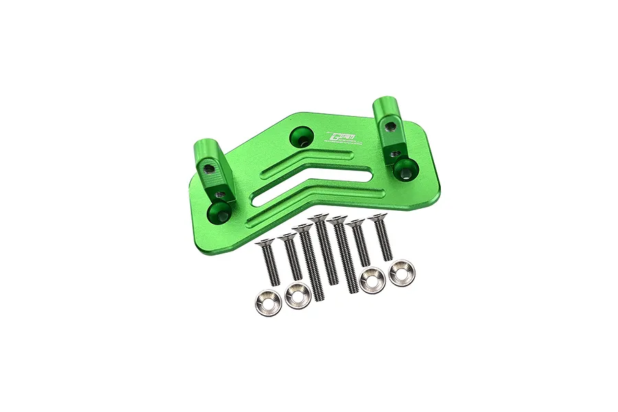 GPM aluminium servo mount in green with included metal screws and washers on a plain white background.