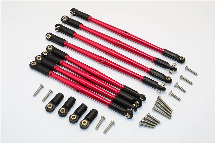GPM aluminium turnbuckle set in red with black rod ends and mounting hardware on a white background