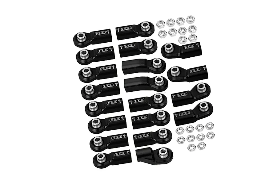 GPM Aluminium Complete Adjustable Ball Ends Set in black, featuring multiple rod ends with hollow balls and metal nuts on a white background.