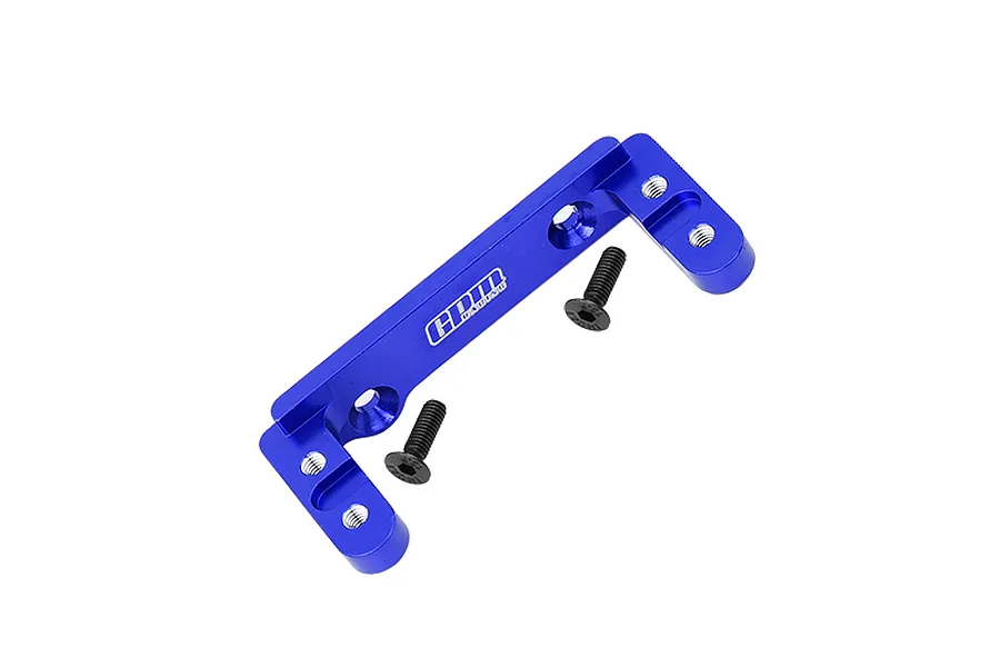 GPM blue anodised aluminium transmission servo mount with two black socket head screws on a plain white background.