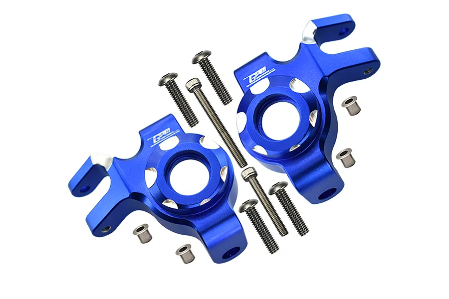 GPM aluminium front steering hubs in blue with included metal screws and bushings on a white background