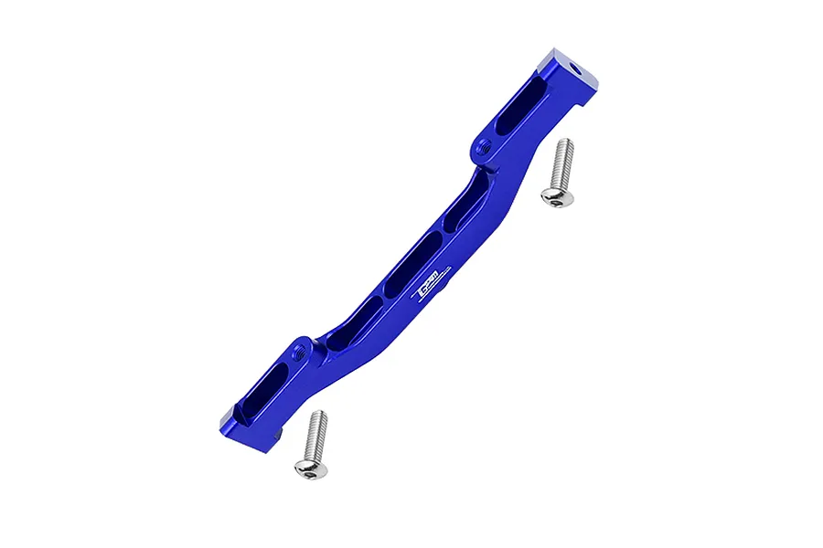 GPM aluminium front lower chassis brace in blue with included mounting screws on a white background.