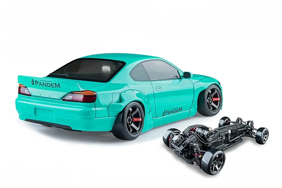 Mint green MST S15RB RC drift car body with Pandem decals and a separate black chassis on a white background.