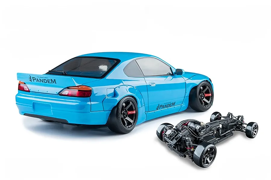 MST S15RB light blue RC drift car with Pandem body and separate chassis on a clean white background.
