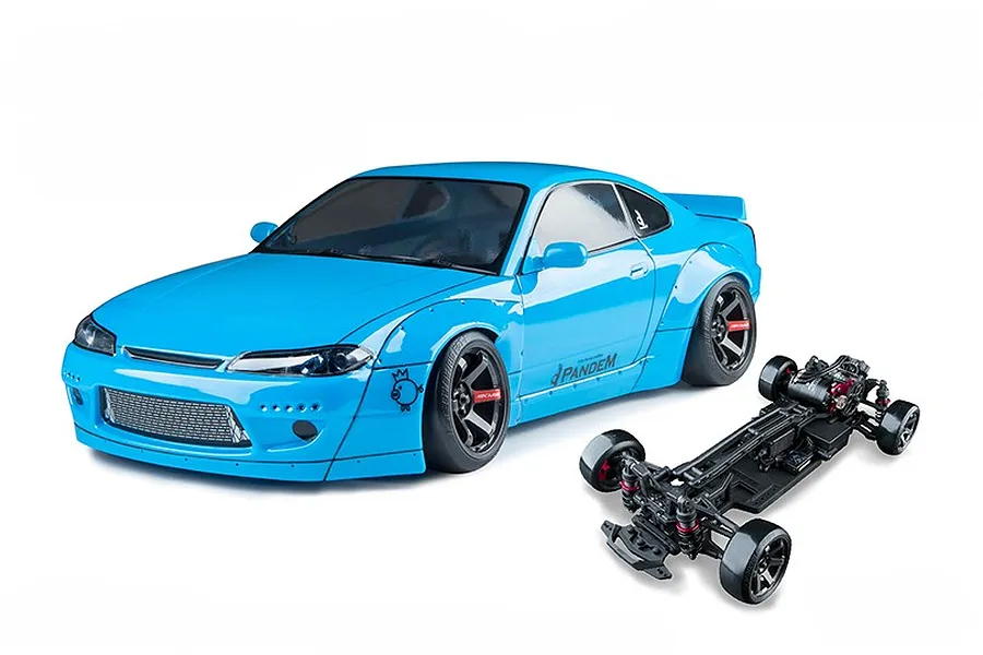 Light blue MST S15RB RC drift car with a painted body and a separate black chassis on a white background.
