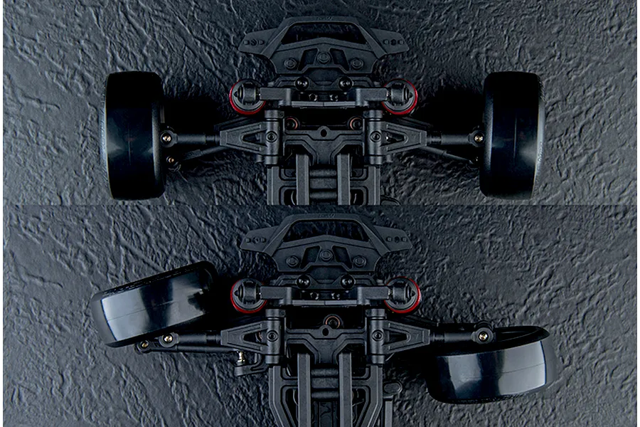 Top down view of an RC car front suspension showing steering angle comparison between straight and turned wheels.