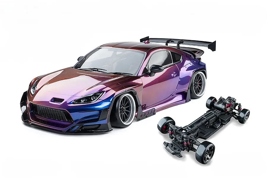 MST GR86RB RC car with iridescence purple painted body and separate chassis on a white background