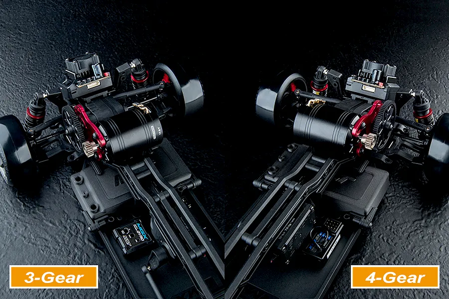 Comparison view of RC car chassis configurations showing 3-gear setup on the left and 4-gear setup on the right.