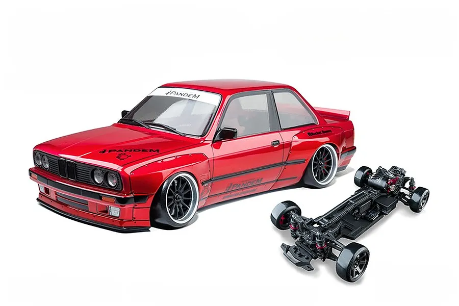MST E30RB shiny red RC drift car body paired with a black RC car chassis on a plain white background.