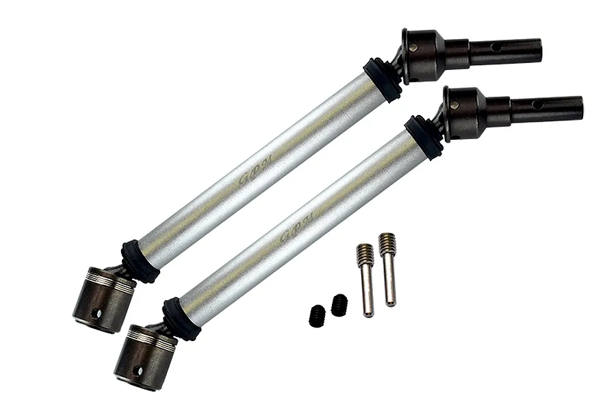 GPM aluminium silver front or rear universal drive shafts set of two with steel joint ends and hardware.