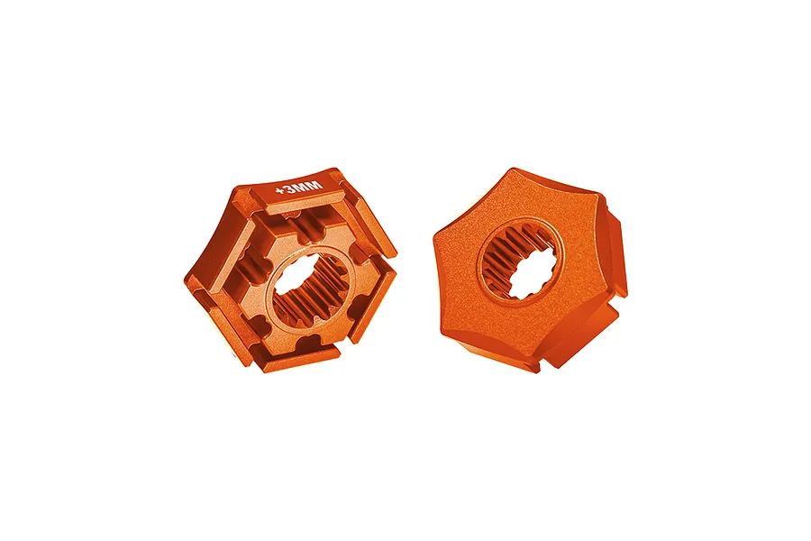Two orange anodised aluminium wheel hex adapters with claw design and engraved +3MM text on a plain white background.