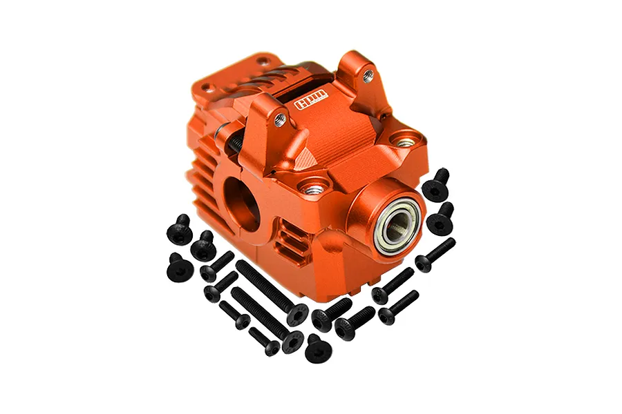 GPM aluminium front differential housing set in orange with included metal screws and a bearing.