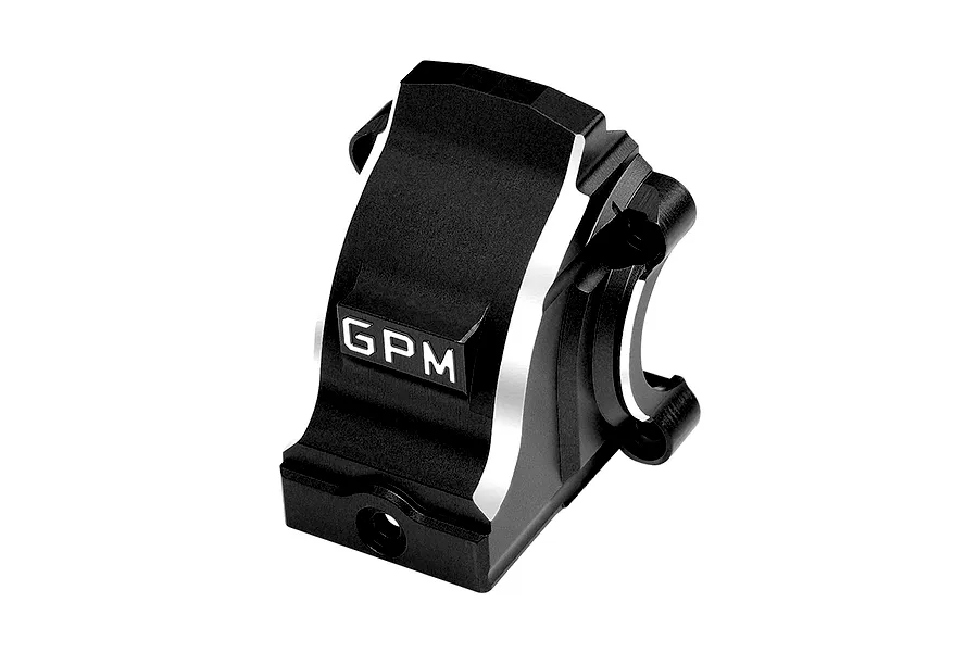 GPM aluminium front or rear gearbox cover in black with silver chamfered edges and engraved GPM logo.