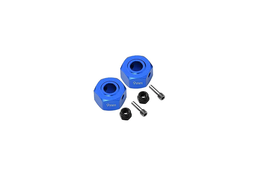 GPM aluminium blue 9mm wheel hex adaptors with pins and lock nuts displayed on a white background.
