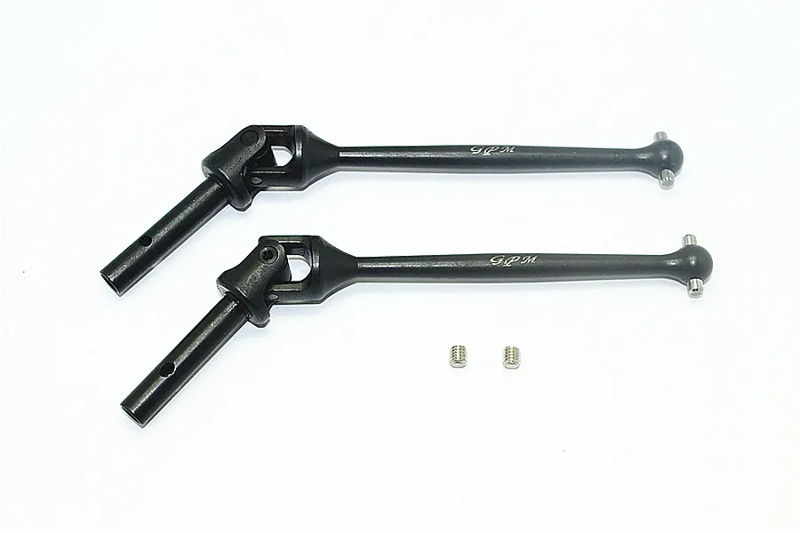 Two black metal front CVD driveshafts and two small grub screws laid out on a plain white background.