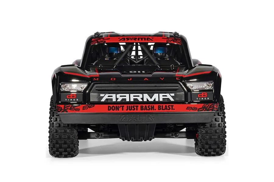 Front view of the ARRMA MOJAVE 6S 1/7 EXB black desert truck showing headlights, grille, and driver figures inside.