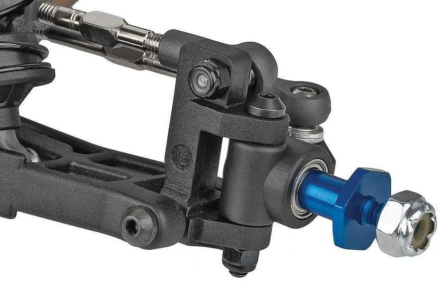 Close-up studio shot of an RC car front steering knuckle, suspension arm, turnbuckle, and blue wheel hex.