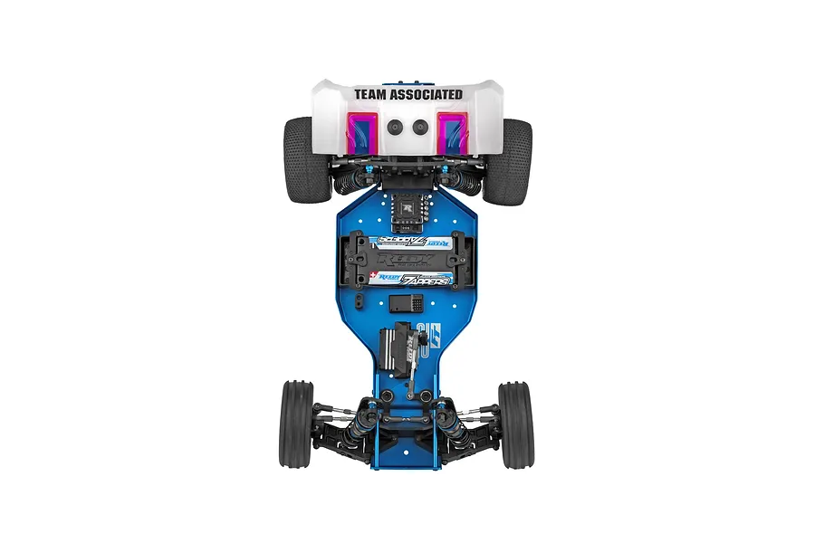 Top down view of the Team Associated RC10 Factory Team Blue Edition chassis showing blue aluminum components, electronics, and rear wing.
