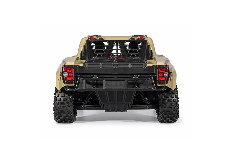 Rear view of the beige Arrma Mojave 6S RC short course truck showing rear bumper, taillights, and roll cage against a white background.
