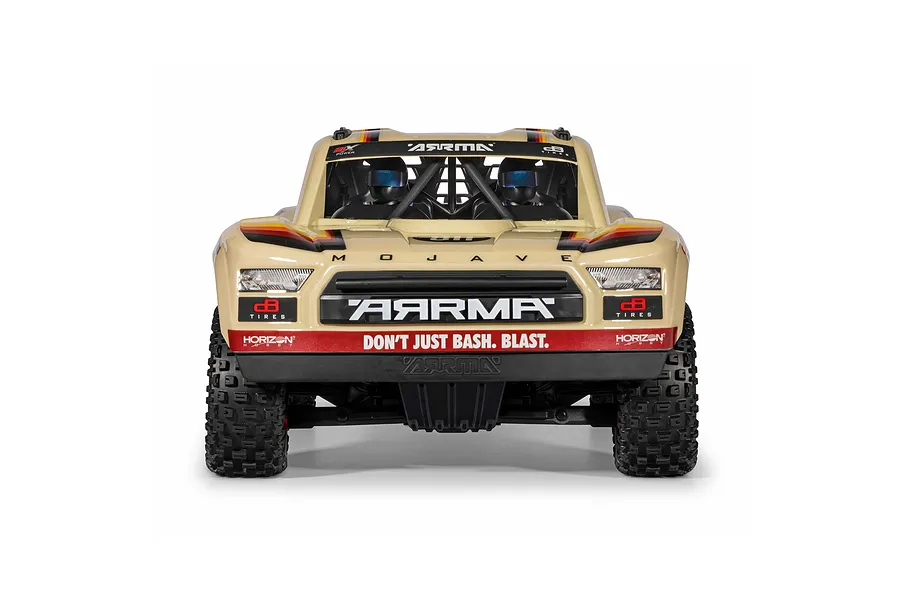 Front view of the ARRMA MOJAVE 6S RC short course truck in beige with driver figures and sponsor decals.