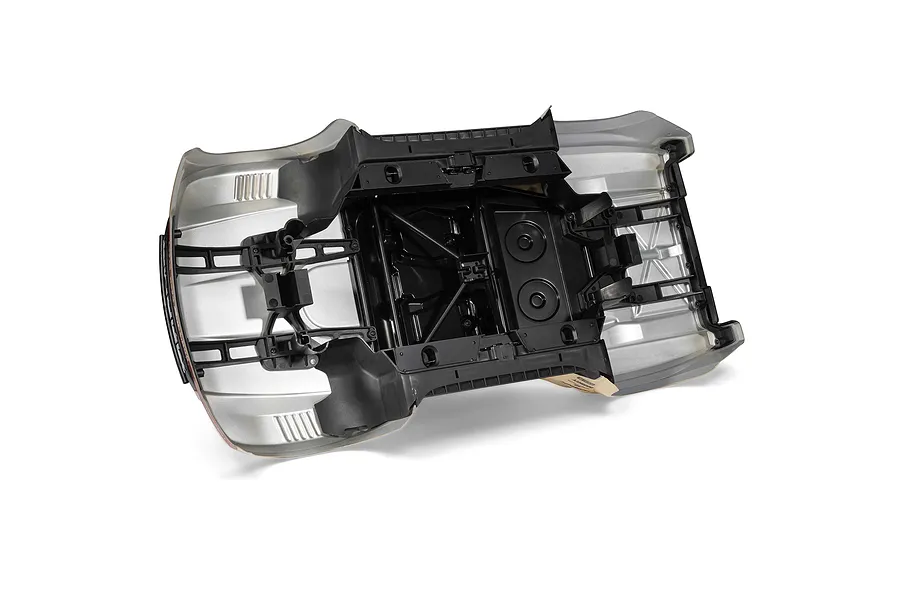 Underside view of the interior protective roll cage and plastic body reinforcement structure for the Arrma Mojave 6S RC truck body shell.