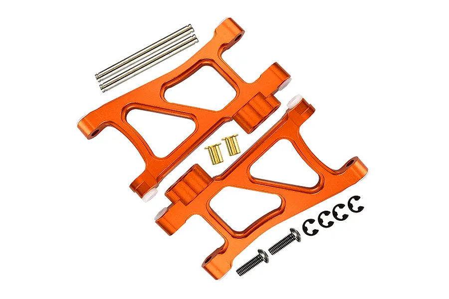 GPM orange anodised aluminium front lower suspension arms with hinge pins, screws, and hardware set on white background.