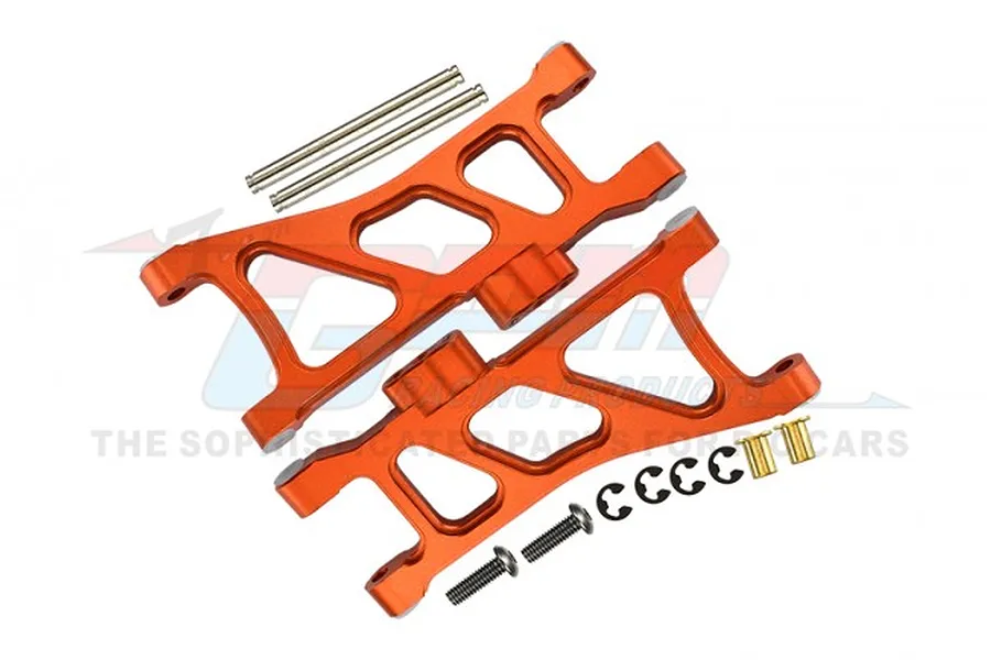 GPM aluminium rear lower suspension arms in orange with associated hardware pins, screws, and clips against a white background.