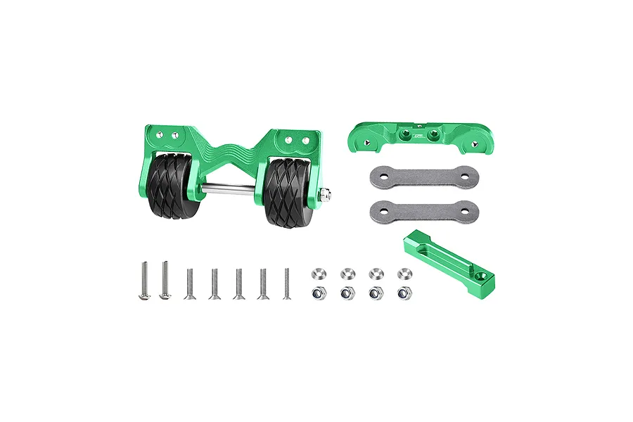 GPM aluminium complete adjustable rear wheelie bar in green, showing assembled dual wheels, mounting brackets, flat plates, screws, washers, and nuts on a white background.