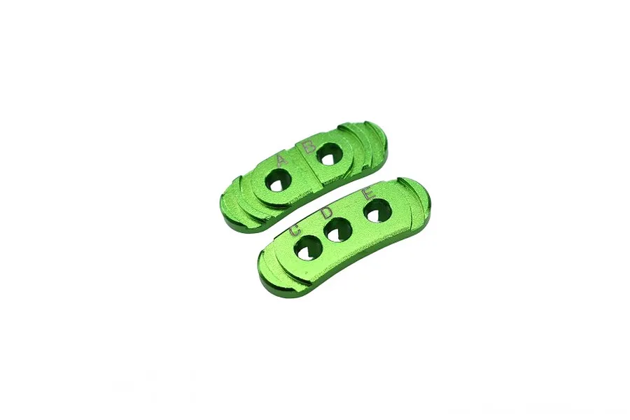 GPM aluminium fixed gear mesh plates in green finish featuring lettered adjustment holes against a clean white background.