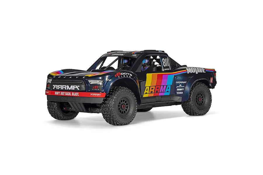 ARRMA MOJAVE 6S 1/7 scale 4WD RC short course truck in blue with colorful retro racing livery against a white background.