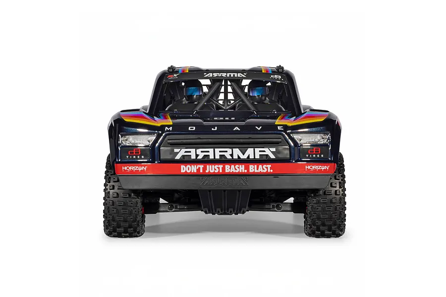 Front view of the ARRMA Mojave 6S RC short course truck in blue, showcasing driver figures and front grille branding.