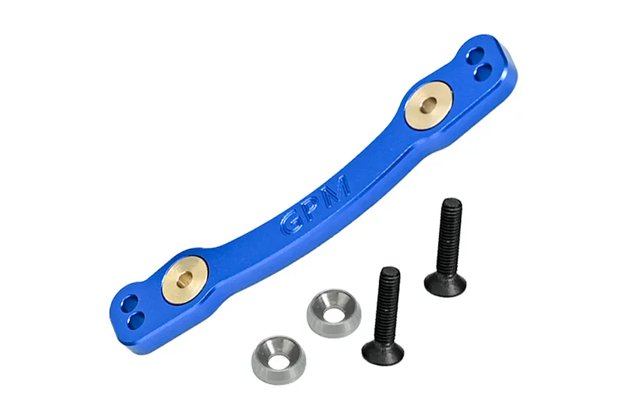 GPM blue aluminium steering linkage part with brass inserts, two conical washers, and two black screws on a white background.