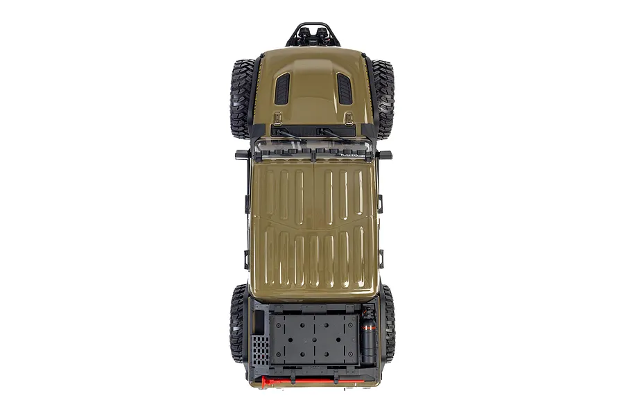 Top-down studio view of the Axial SCX10 III Motobilt Valyrian Jeep JT Gladiator green RC rock crawler showing its roof, bed accessories, and chunky tires.