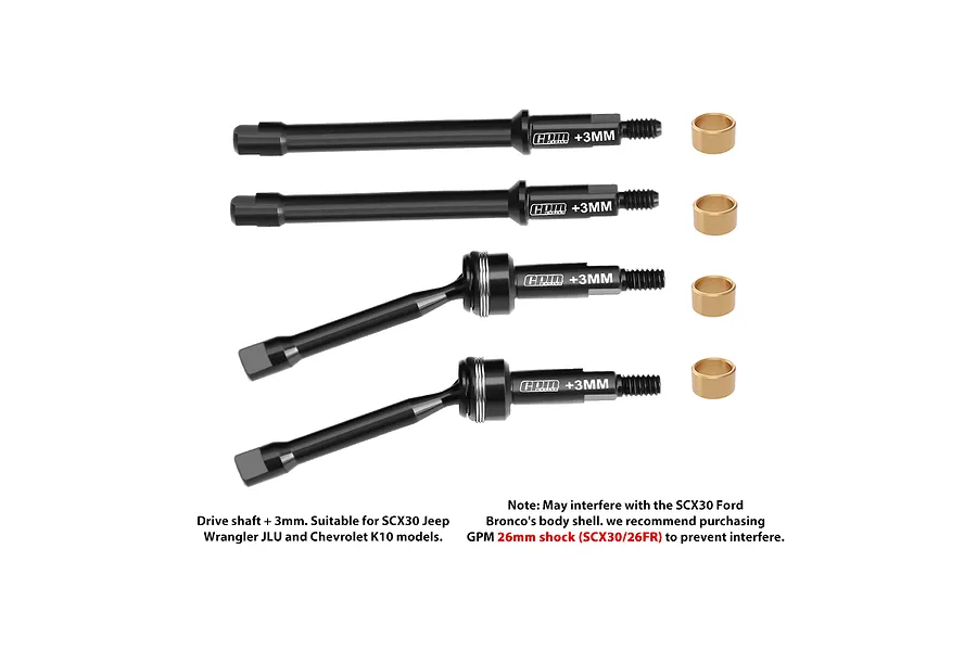 GPM black carbon steel front and rear driveshafts set with brass bushings and text notes on a white background.