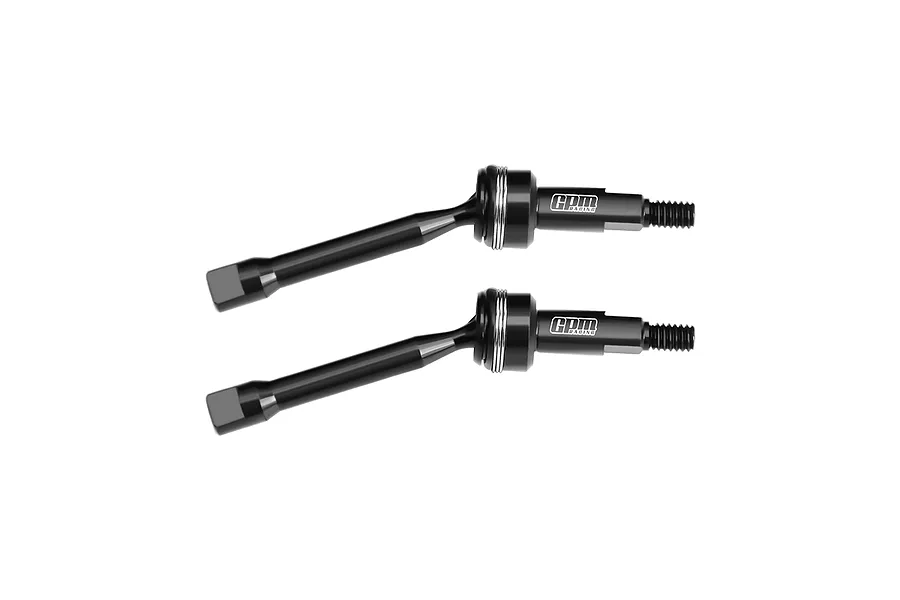 GPM Racing black carbon steel front CVD driveshafts, showing a pair of articulated RC car drive axles against a white background.