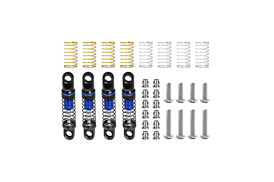 GPM Aluminium 26mm Adjustable Shocks set in blue and black with extra springs, ball ends, and mounting screws.