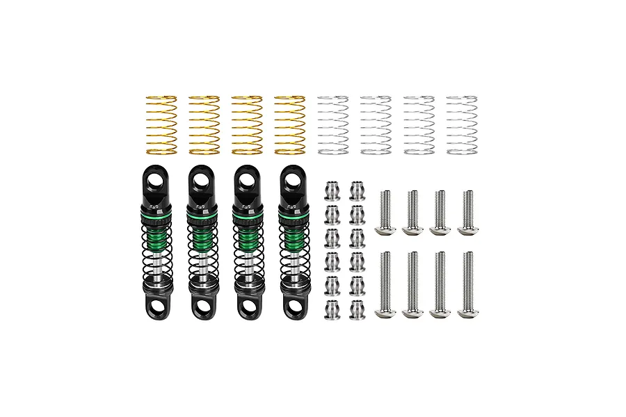 GPM Aluminium 26mm adjustable shocks in green and black with extra springs, mounting balls, and screws arranged on a white background.