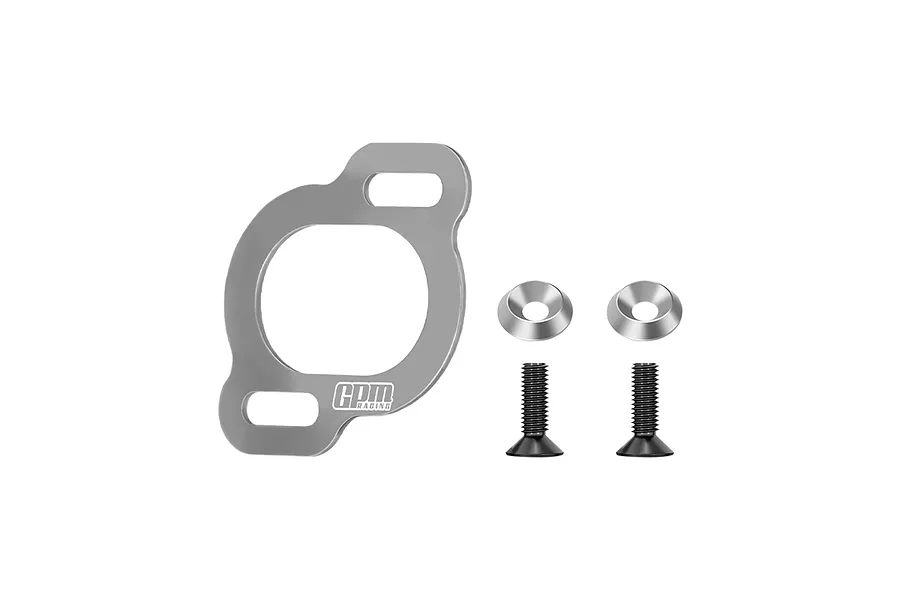 GPM silver metal motor mount plate with two washers and two black screws displayed on a white background.