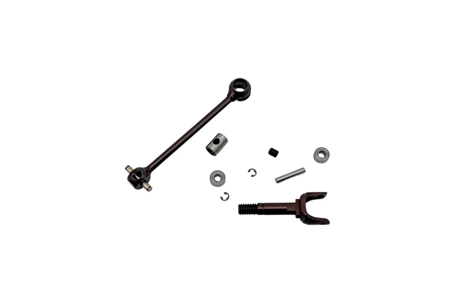 RC Maker LF-LW complete rear driveshaft set disassembled into its individual components on a white background.