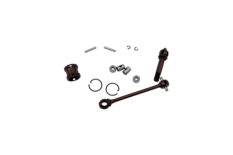 RC Maker LF-LW Complete Front Driveshaft Set laid out against a clean white background, showing all disassembled metal and steel components.