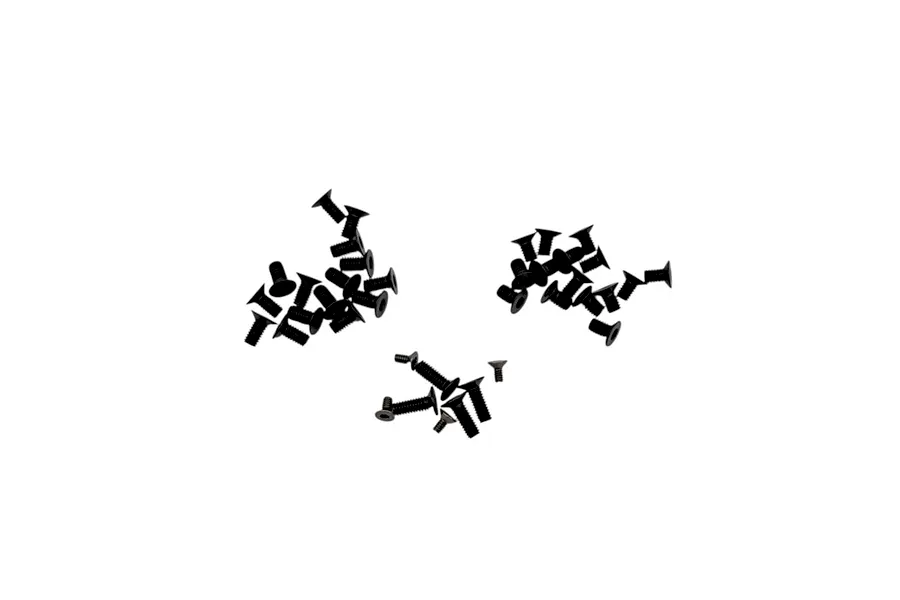 A set of black countersunk screws arranged into distinct groups on a clean white background.