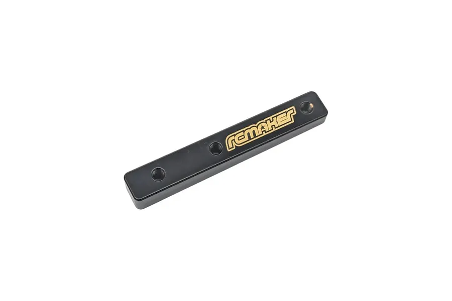 RC Maker brass front centre weight for RC chassis featuring engraved logo and mounting holes on a white background.